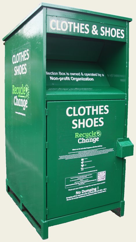 A Recycle for Change collection box shown from the front, with its chute and locked lower door.