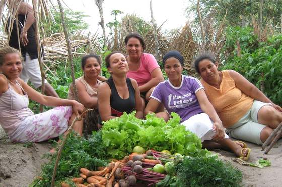 Six women sit together behind a large harvest of lettuce, carrots, beetroot and herbs they have grown.