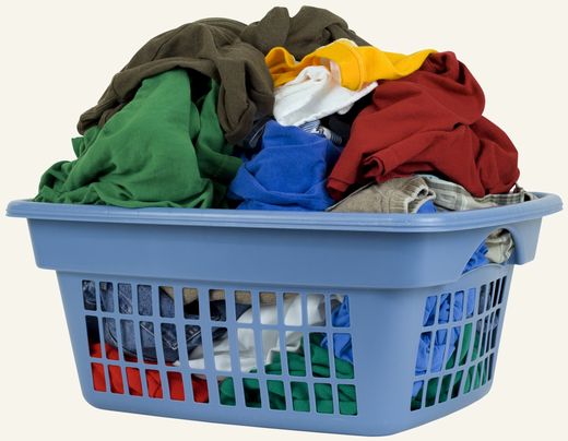 A laundry basket full of folded clothing